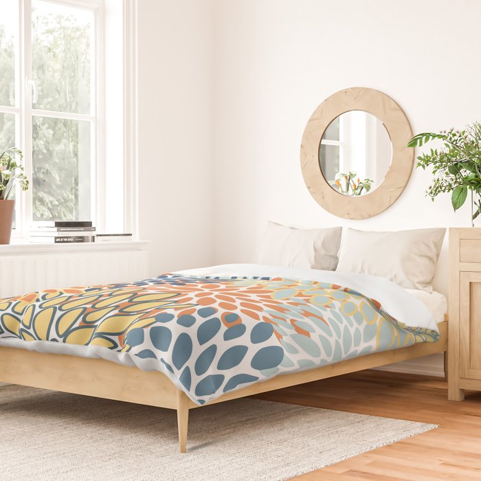 Modern, Floral Prints, Orange, Blue, Yellow Duvet Cover Gallery Image 2