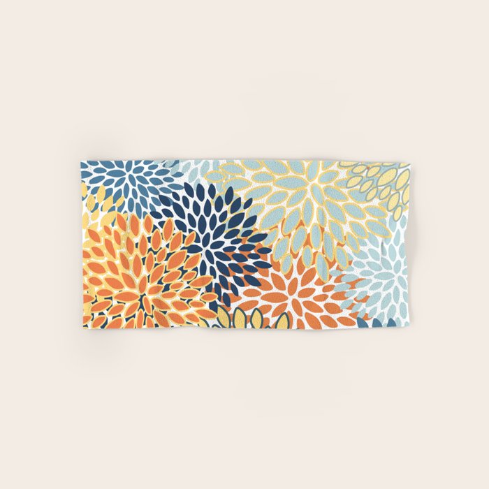Modern, Floral Prints, Orange, Blue, Yellow Bath Towel Gallery Image 1