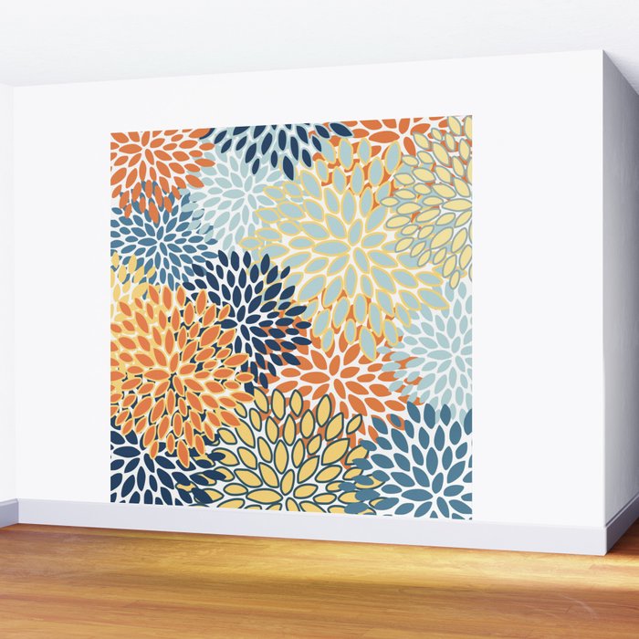 Modern, Floral Prints, Orange, Blue, Yellow Wall Mural Gallery Image 2