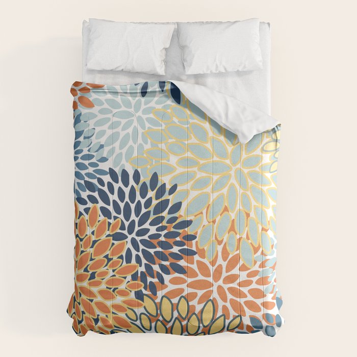 Modern, Floral Prints, Orange, Blue, Yellow Comforter Gallery Image 1