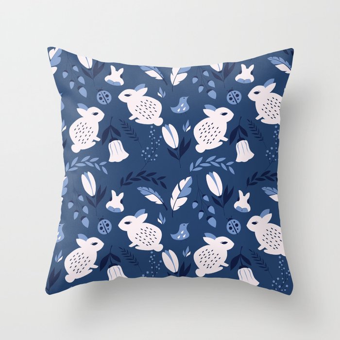 Rabbits and Flowers 003 Throw Pillow Gallery Image 1
