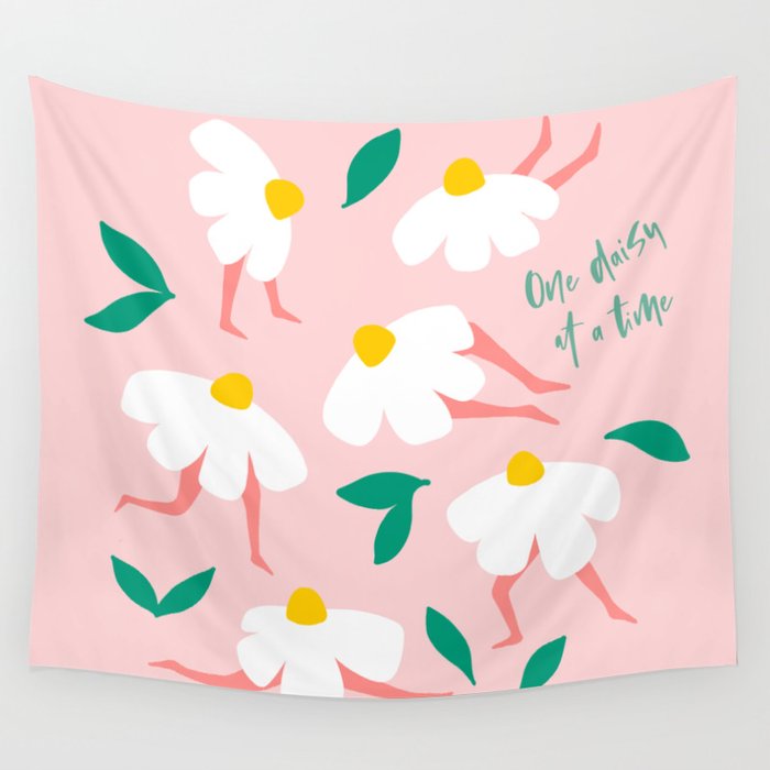 Self Love Floral Pun 'One Daisy at a Time' in Pink Wall Tapestry Gallery Image 4