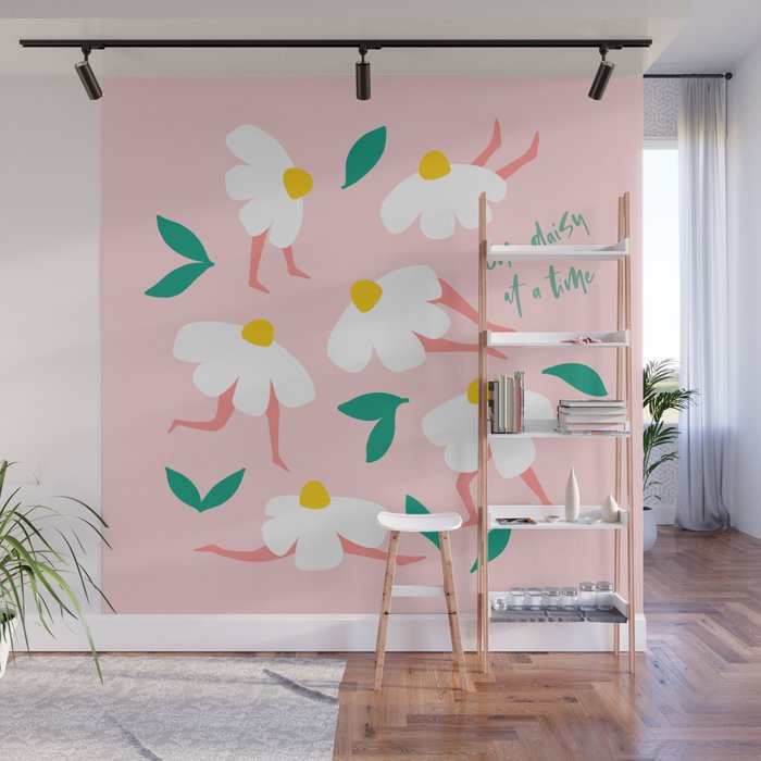 Self Love Floral Pun 'One Daisy at a Time' in Pink Wall Mural Gallery Image 1