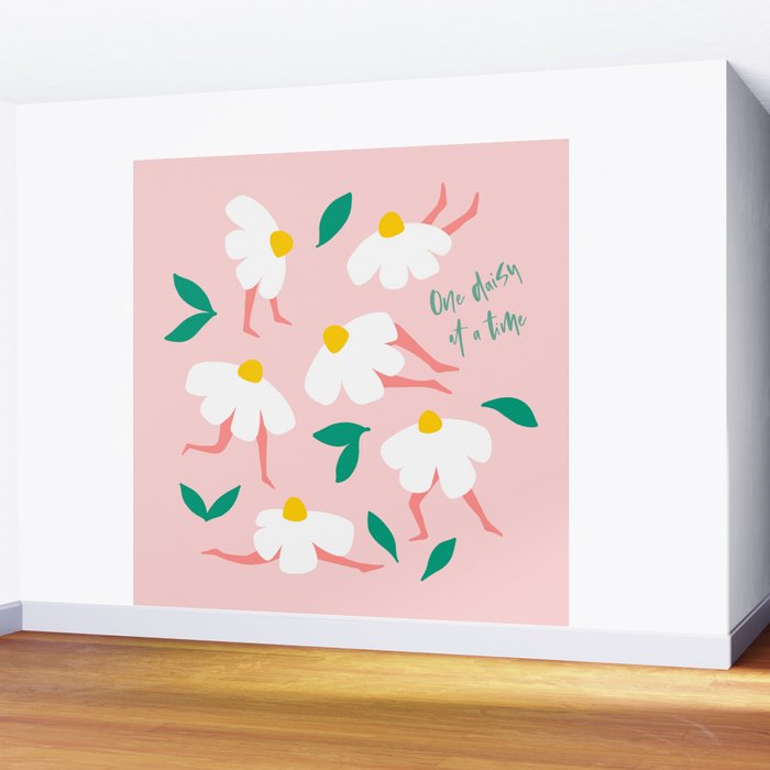 Self Love Floral Pun 'One Daisy at a Time' in Pink Wall Mural Gallery Image 2