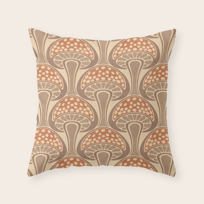 Art Nouveau Mushrooms - taupe and rust Throw Pillow Gallery Image 1