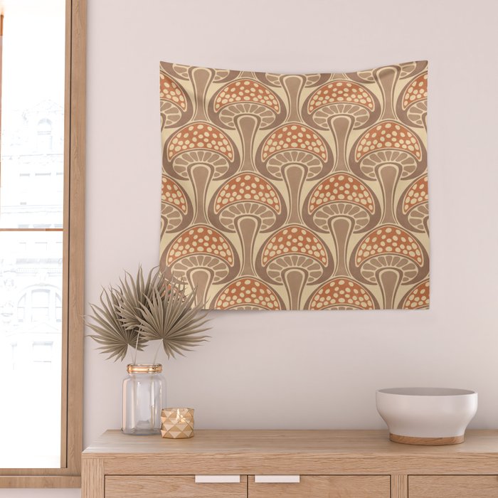 Art Nouveau Mushrooms - taupe and rust Wall Tapestry Gallery Image 2