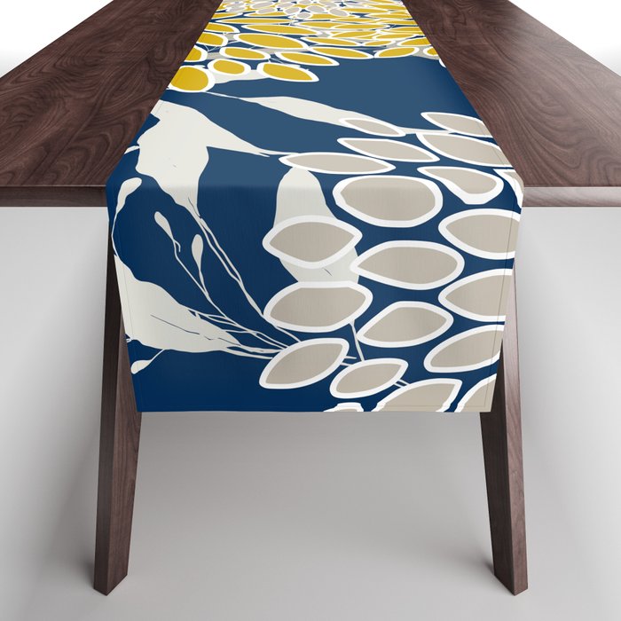 Floral Leaves and Blooms, Navy Blue, Yellow, Beige Table Runner Gallery Image 1