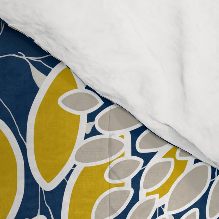 Floral Leaves and Blooms, Navy Blue, Yellow, Beige Comforter Gallery Image 4