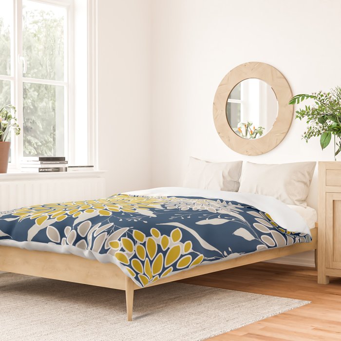 Floral Leaves and Blooms, Navy Blue, Yellow, Beige Duvet Cover Gallery Image 2