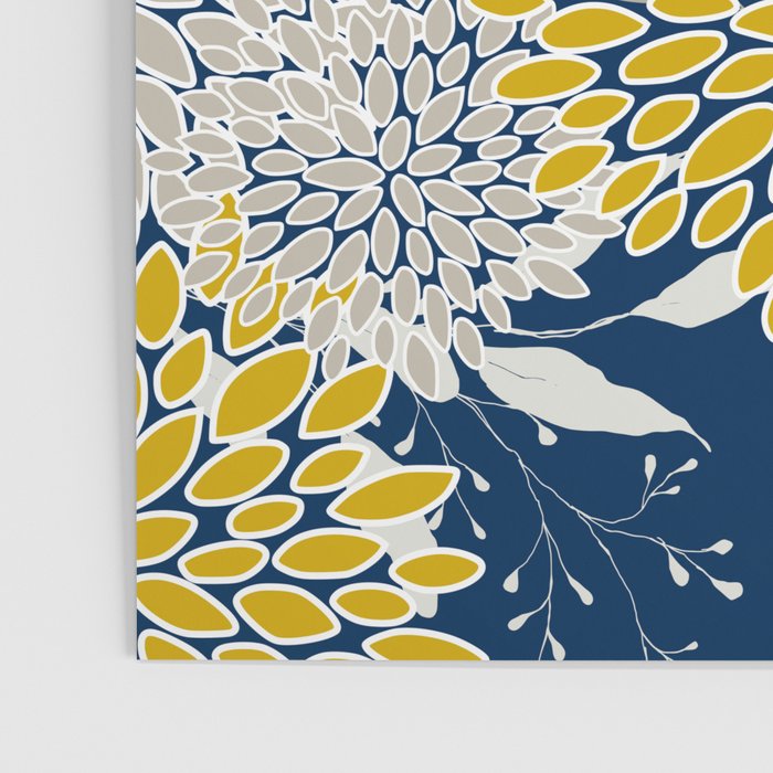 Floral Leaves and Blooms, Navy Blue, Yellow, Beige Poster Gallery Image 3
