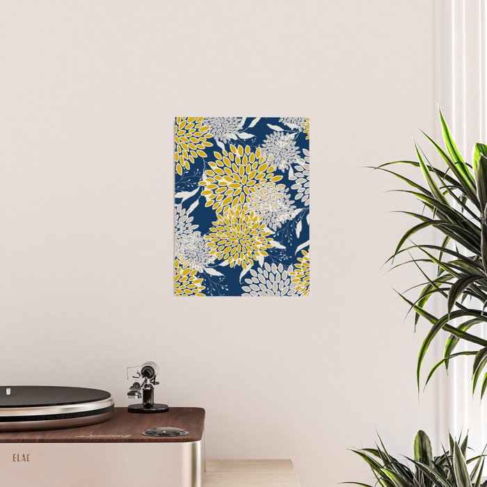 Floral Leaves and Blooms, Navy Blue, Yellow, Beige Poster Gallery Image 2