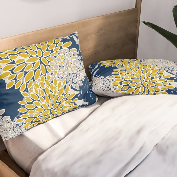 Floral Leaves and Blooms, Navy Blue, Yellow, Beige Pillow Sham Gallery Image 2