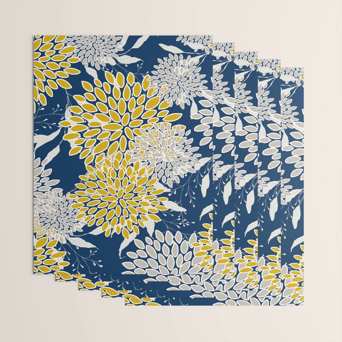 Floral Leaves and Blooms, Navy Blue, Yellow, Beige Wrapping Paper Gallery Image 3