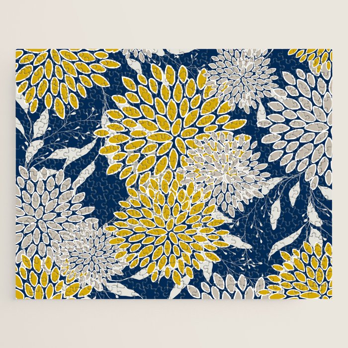 Floral Leaves and Blooms, Navy Blue, Yellow, Beige Jigsaw Puzzle Gallery Image 1
