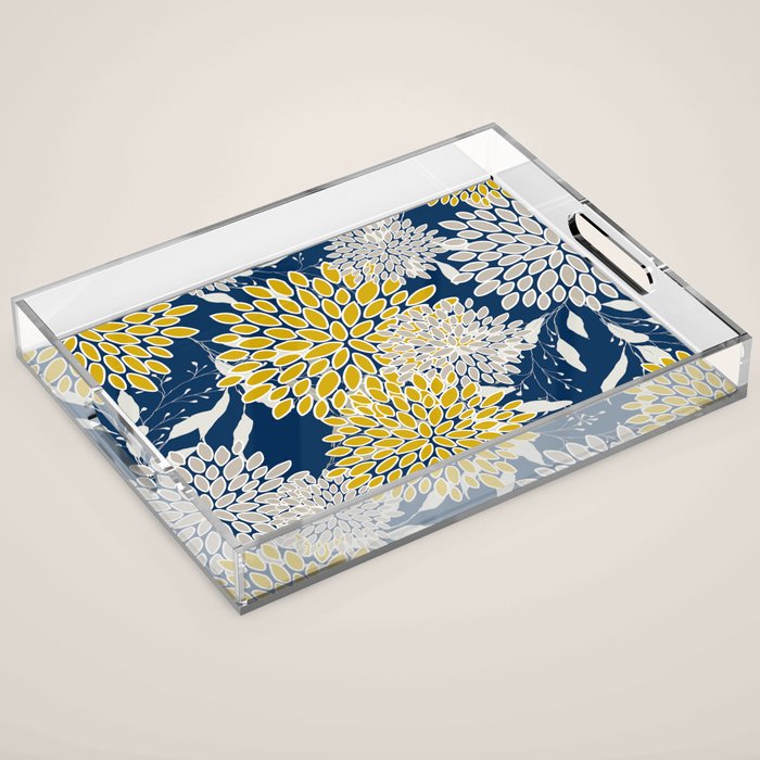Floral Leaves and Blooms, Navy Blue, Yellow, Beige Acrylic Tray Gallery Image 1