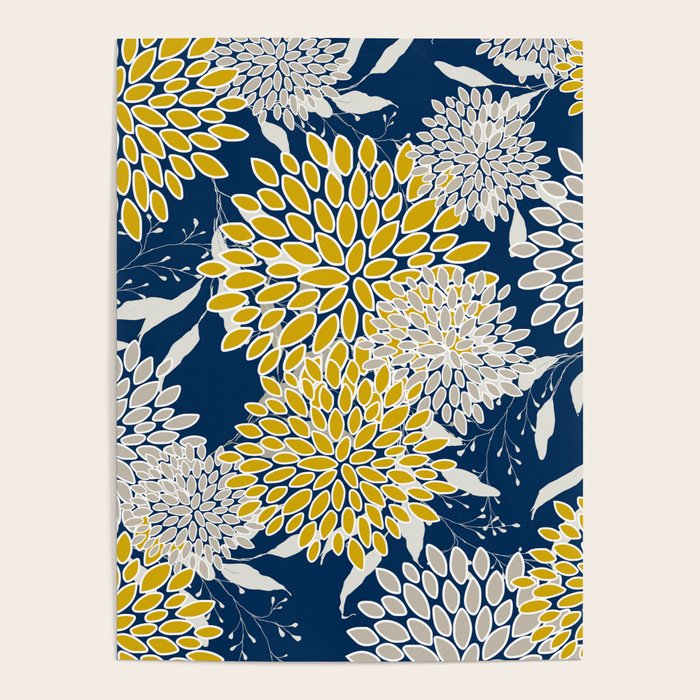 Floral Leaves and Blooms, Navy Blue, Yellow, Beige Poster Gallery Image 1