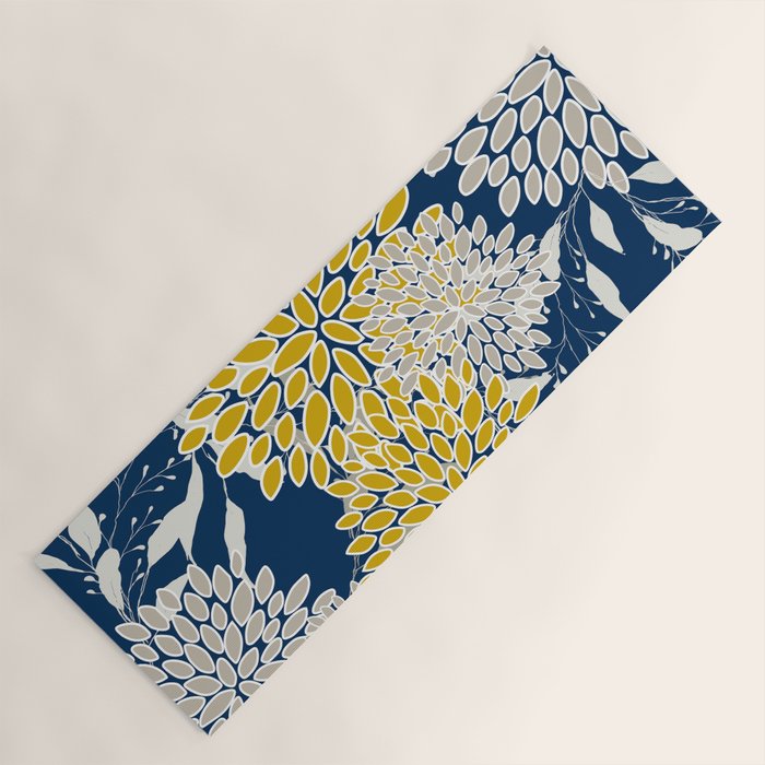 Floral Leaves and Blooms, Navy Blue, Yellow, Beige Yoga Mat Gallery Image 1