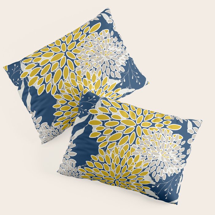 Floral Leaves and Blooms, Navy Blue, Yellow, Beige Pillow Sham Gallery Image 3