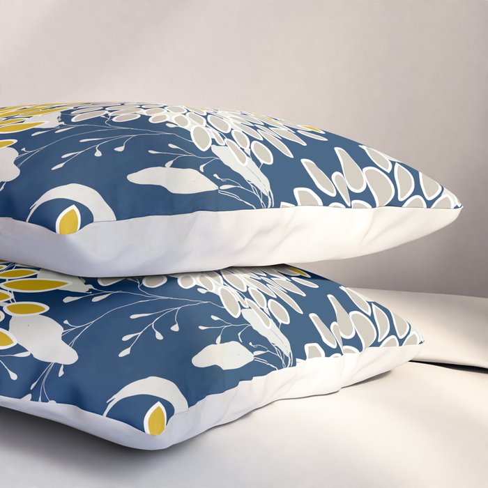 Floral Leaves and Blooms, Navy Blue, Yellow, Beige Pillow Sham Gallery Image 3
