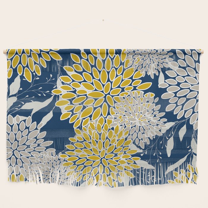 Floral Leaves and Blooms, Navy Blue, Yellow, Beige Wall Hanging Gallery Image 1
