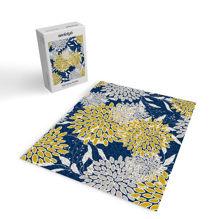 Floral Leaves and Blooms, Navy Blue, Yellow, Beige Jigsaw Puzzle Gallery Image 2
