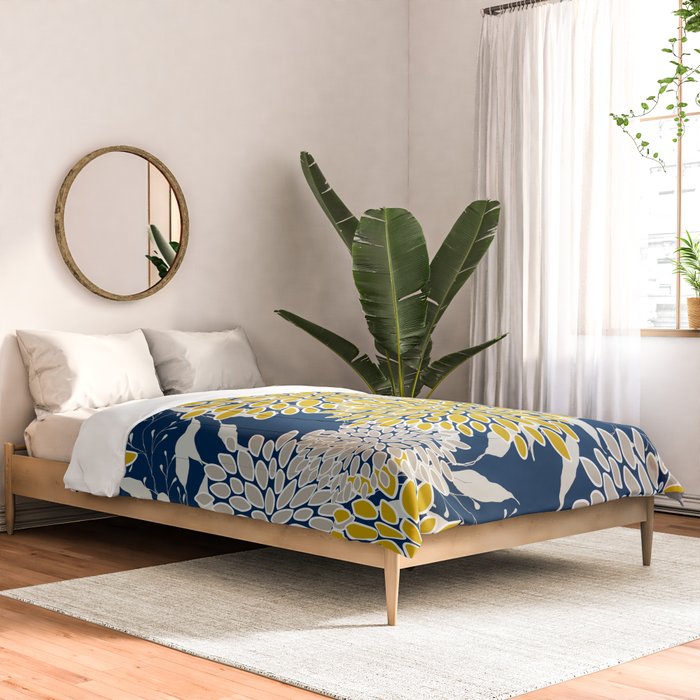 Floral Leaves and Blooms, Navy Blue, Yellow, Beige Comforter Gallery Image 2