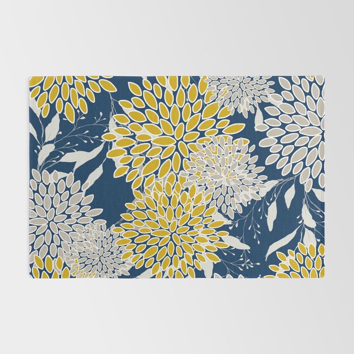 Floral Leaves and Blooms, Navy Blue, Yellow, Beige Rug Gallery Image 2