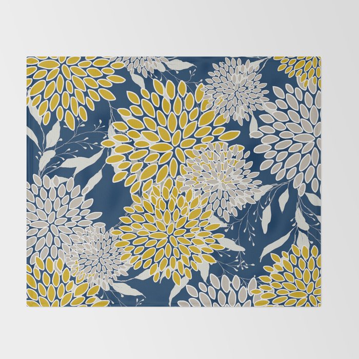 Floral Leaves and Blooms, Navy Blue, Yellow, Beige Throw Blanket Gallery Image 2