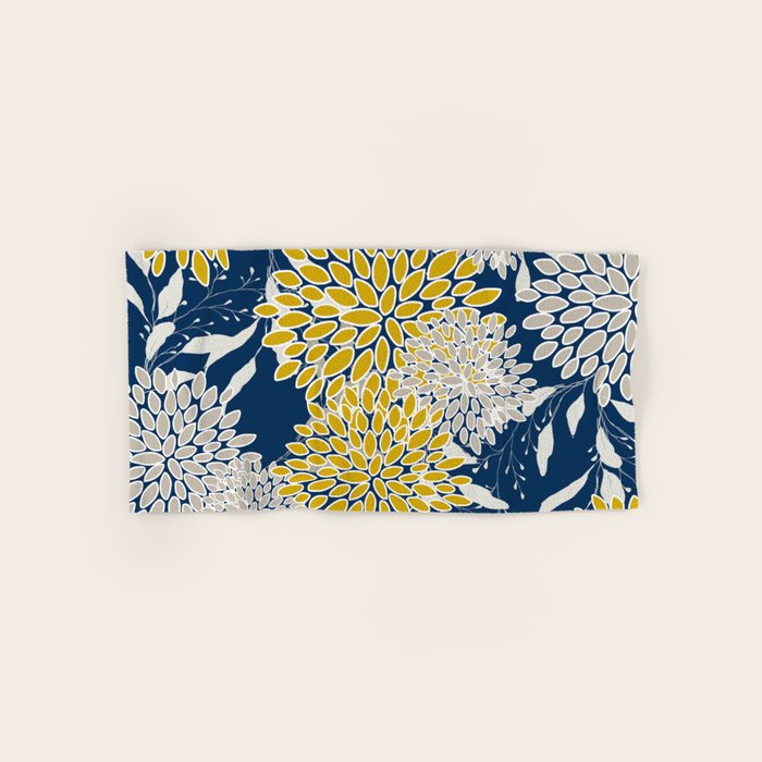 Floral Leaves and Blooms, Navy Blue, Yellow, Beige Bath Towel Gallery Image 1
