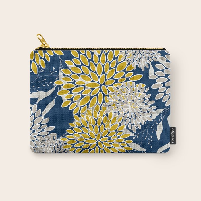 Floral Leaves and Blooms, Navy Blue, Yellow, Beige Carry All Pouch Gallery Image 1