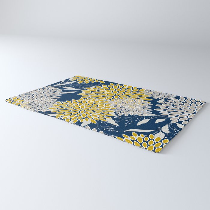 Floral Leaves and Blooms, Navy Blue, Yellow, Beige Rug Gallery Image 3