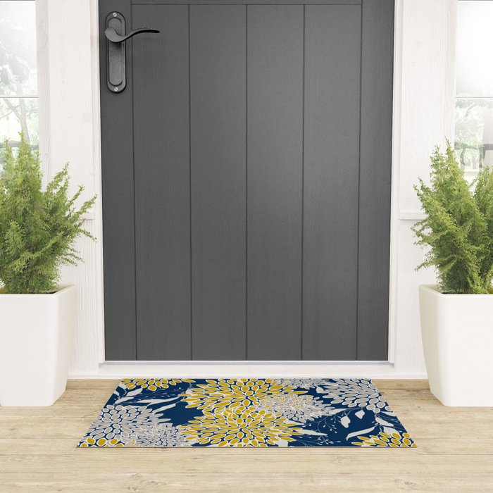 Floral Leaves and Blooms, Navy Blue, Yellow, Beige Welcome Mat Gallery Image 3