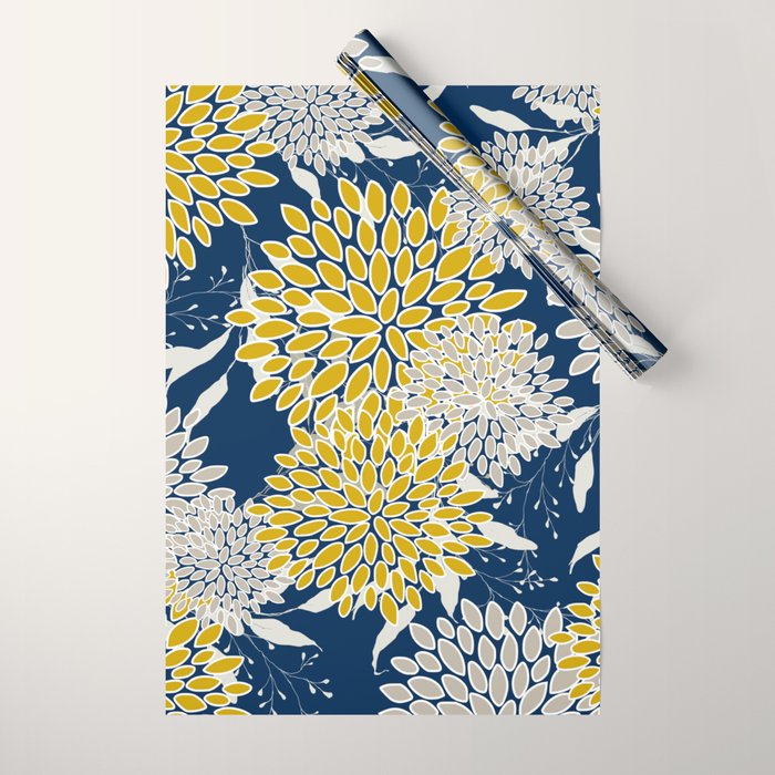 Floral Leaves and Blooms, Navy Blue, Yellow, Beige Wrapping Paper Gallery Image 1