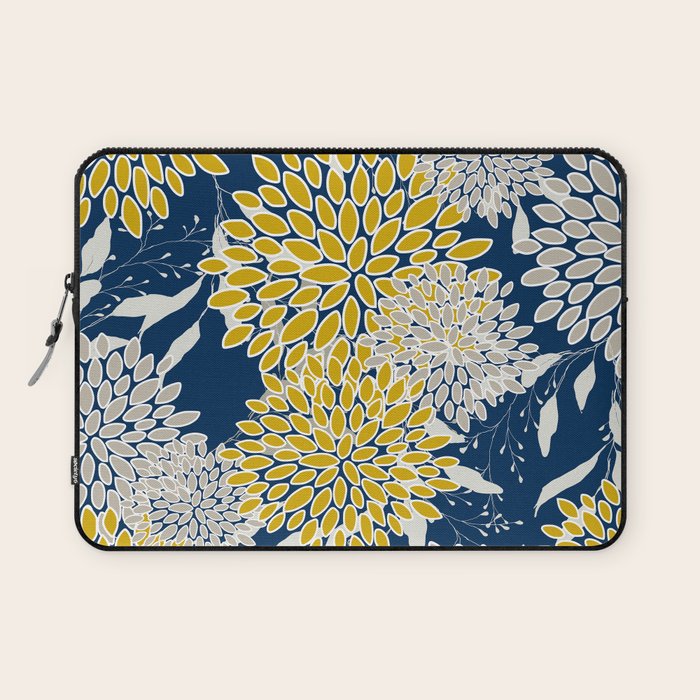 Floral Leaves and Blooms, Navy Blue, Yellow, Beige Laptop Sleeve Gallery Image 1