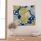 Floral Leaves and Blooms, Navy Blue, Yellow, Beige Wall Tapestry Gallery Image 2
