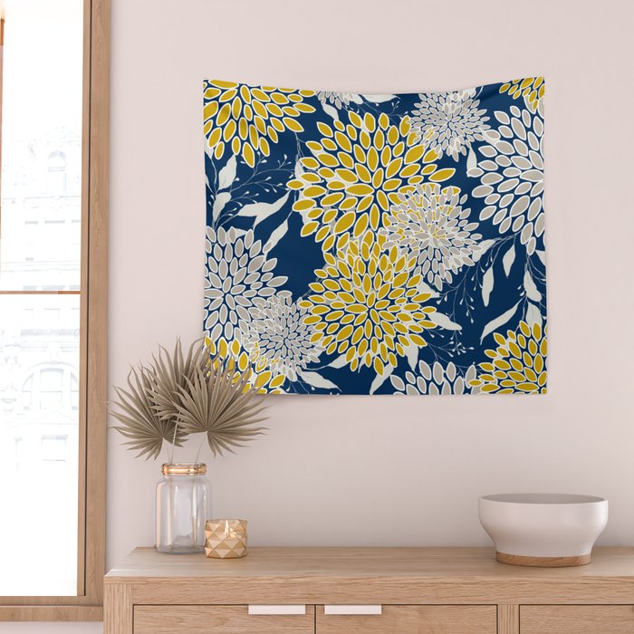 Floral Leaves and Blooms, Navy Blue, Yellow, Beige Wall Tapestry Gallery Image 2