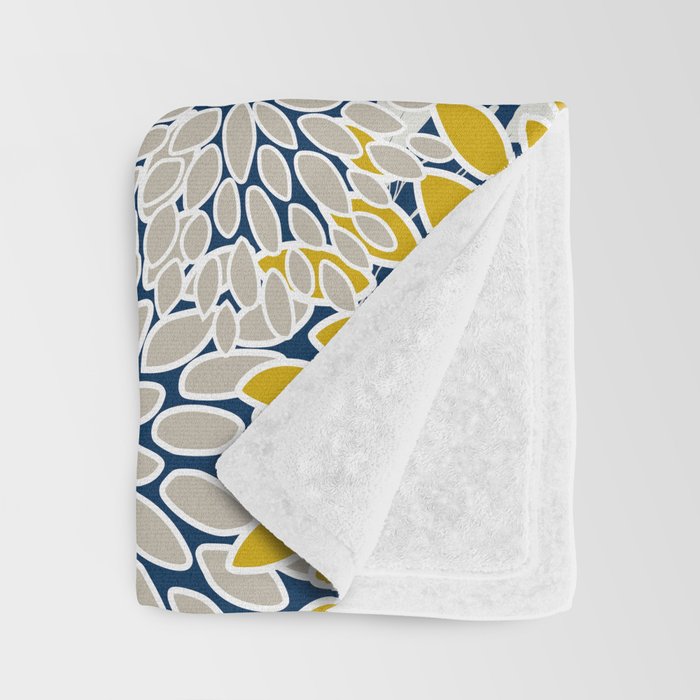 Floral Leaves and Blooms, Navy Blue, Yellow, Beige Throw Blanket Gallery Image 3