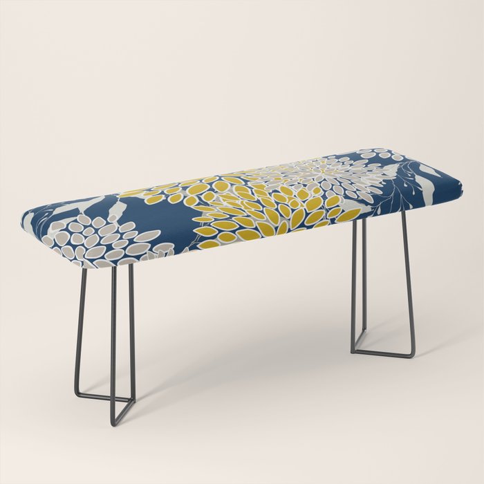 Floral Leaves and Blooms, Navy Blue, Yellow, Beige Bench Gallery Image 1
