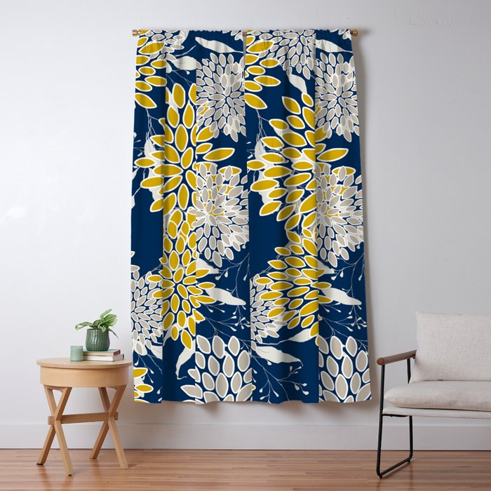 Floral Leaves and Blooms, Navy Blue, Yellow, Beige Window Curtain Gallery Image 1