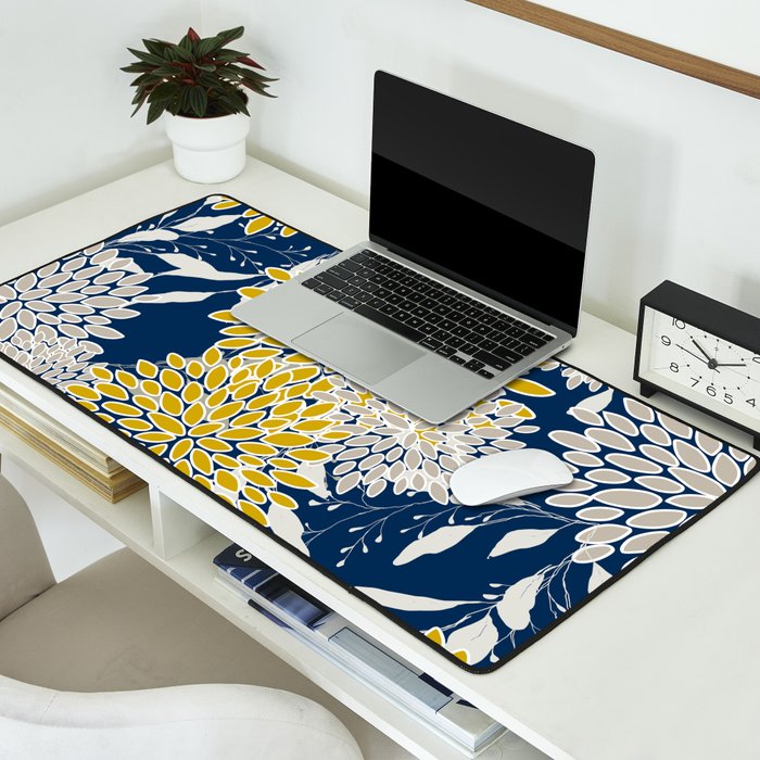 Floral Leaves and Blooms, Navy Blue, Yellow, Beige Desk Mat Gallery Image 2