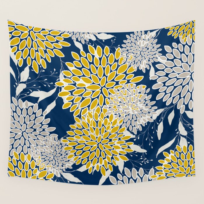 Floral Leaves and Blooms, Navy Blue, Yellow, Beige Wall Tapestry Gallery Image 1