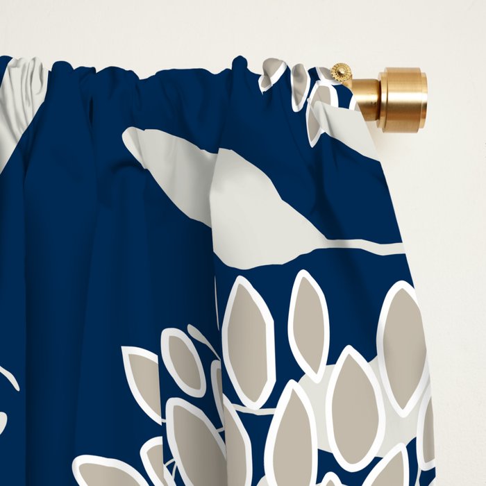 Floral Leaves and Blooms, Navy Blue, Yellow, Beige Window Curtain Gallery Image 2