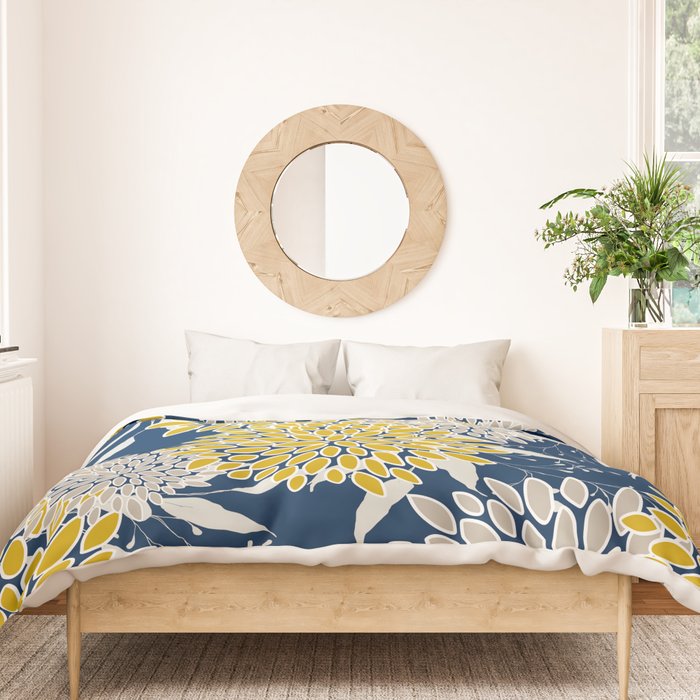 Floral Leaves and Blooms, Navy Blue, Yellow, Beige Duvet Cover Gallery Image 3