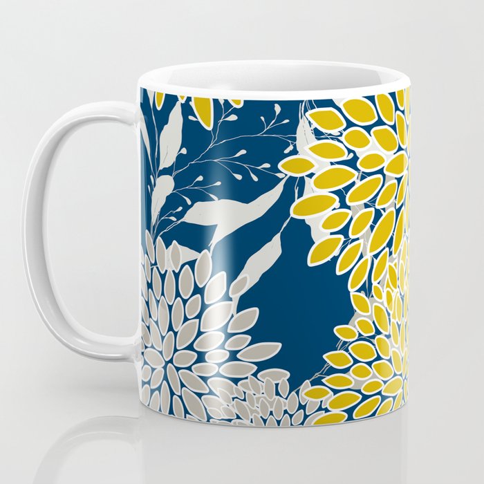 Floral Leaves and Blooms, Navy Blue, Yellow, Beige Coffee Mug Gallery Image 3