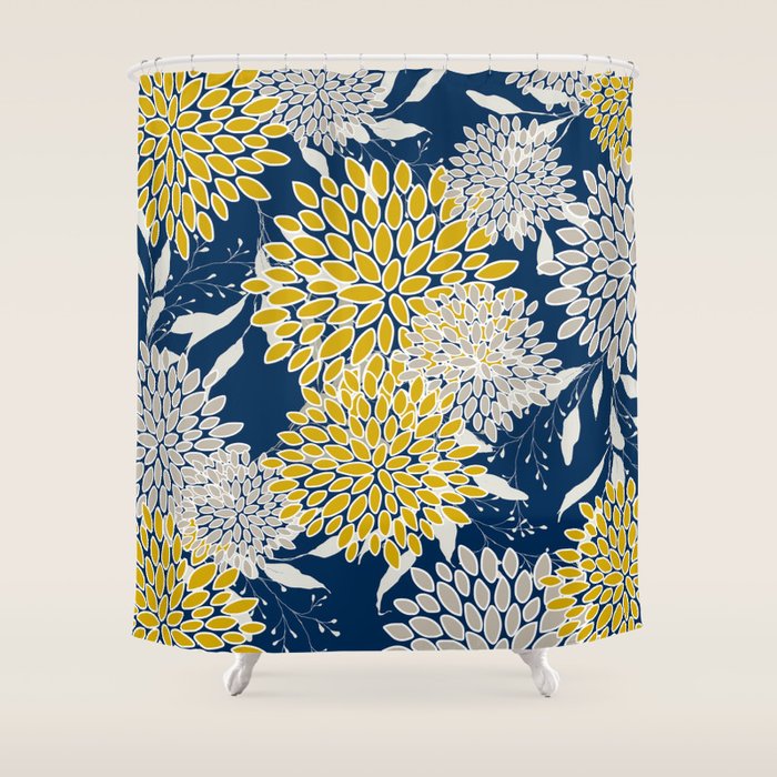 Floral Leaves and Blooms, Navy Blue, Yellow, Beige Shower Curtain Gallery Image 1