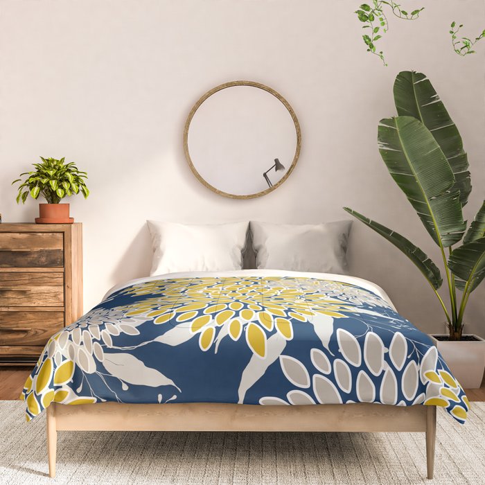Floral Leaves and Blooms, Navy Blue, Yellow, Beige Comforter Gallery Image 3