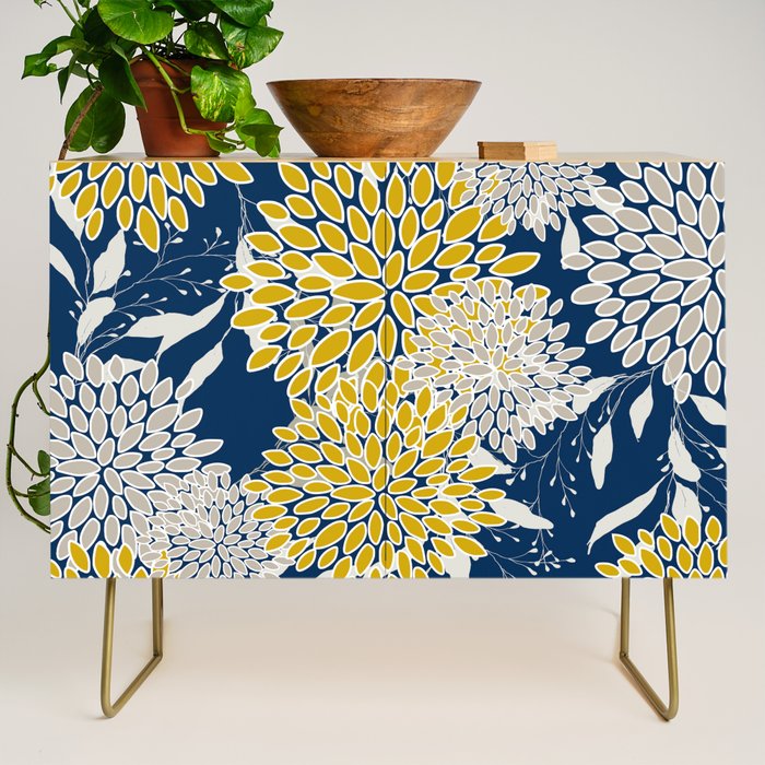 Floral Leaves and Blooms, Navy Blue, Yellow, Beige Credenza Gallery Image 1