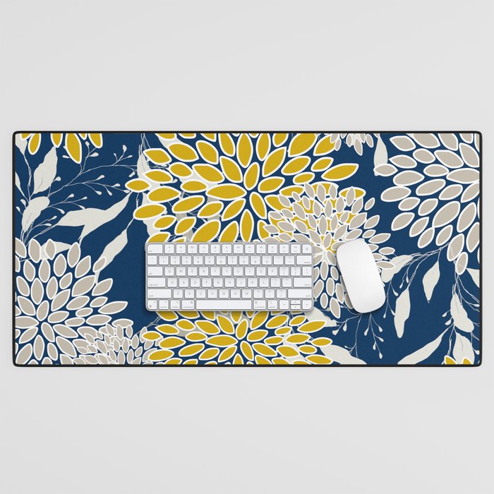 Floral Leaves and Blooms, Navy Blue, Yellow, Beige Desk Mat Gallery Image 1