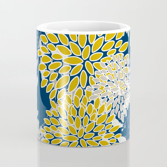 Floral Leaves and Blooms, Navy Blue, Yellow, Beige Coffee Mug Gallery Image 4