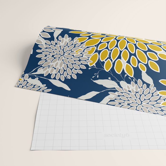 Floral Leaves and Blooms, Navy Blue, Yellow, Beige Wrapping Paper Gallery Image 2
